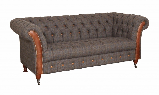 vintage Chester Club 3 Seater Sofa -Moreland Harris Tweed - Fast Track Delivery