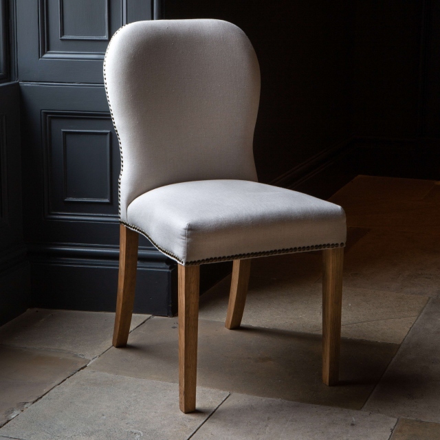 Carlton Pavilion Dining Chair - Natural Linen Grey Oil Legs & Brass Studs