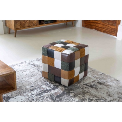 Capri Patchwork Cube Stool Mixed of Leather & Canvas
