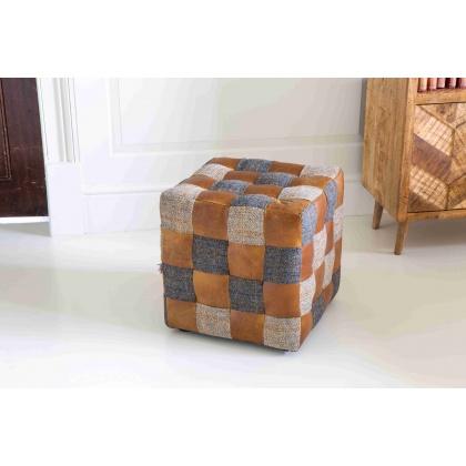 Framed Cube Stool Mixed Wool & Leather Patchwork
