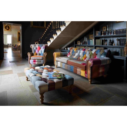 Patchwork Banquette Footstool with Medium Oak Chunky Legs - 120 x 70cm