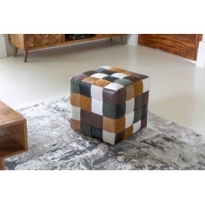 Capri Patchwork Cube Stool Mixed of Leather & Canvas (New 2024)