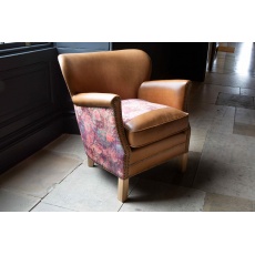 Dean Chair in Tan Leather and Printed Coral Velvet Fabric