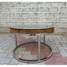 Wooden Glass Round Coffee Table with Metal Frame