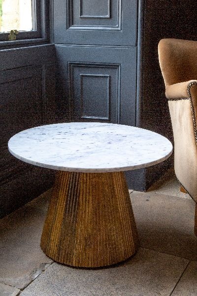 Carlton Fluted Ridged Wood Round Coffee Table Marble Top 60cm