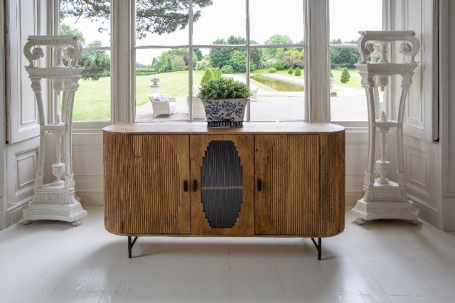 Carlton Fluted Ridged Wood 3 Doors Sideboard with Wood Top