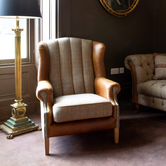 vintage Fluted Wing Armchair - Hunting Lodge Harris Tweed (Fast Track)
