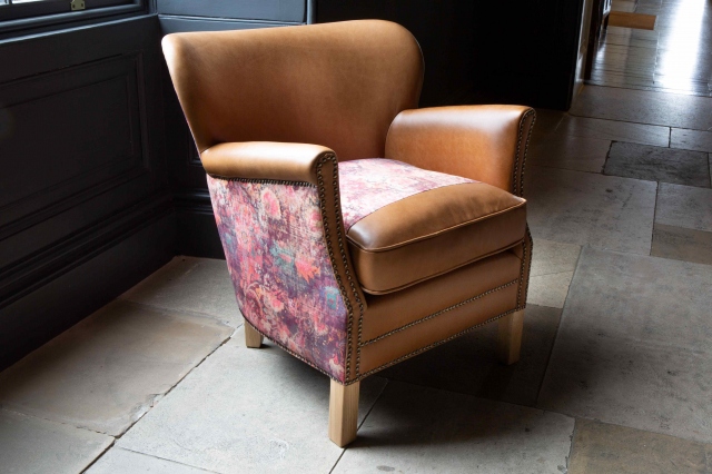 vintage Dean Chair in Tan Leather and Printed Coral Velvet Fabric (New 2024)