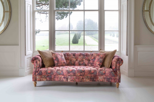 vintage Westminster Large 3 Seater Sofa in Printed Coral Velvet Fabric (New 2024)