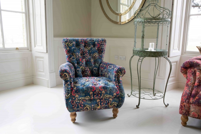 vintage Westminster Armchair in Printed Blue Velvet