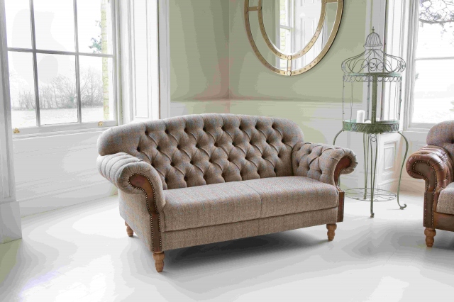 vintage Haworth 2 Seater Sofa in Hunting Lodge Harris Tweed with Medium Oak Legs - Fast Track