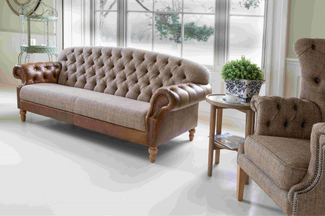 vintage Haworth 3 Seater Sofa in Hunting Lodge Harris Tweed with Medium Oak Legs - Fast Track