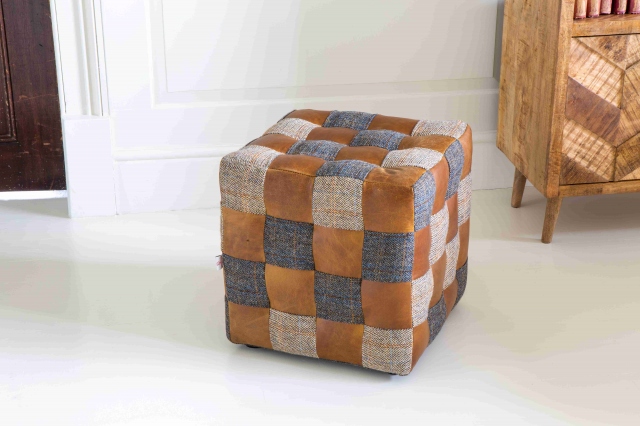 vintage Framed Cube Stool Mixed Wool & Leather Patchwork