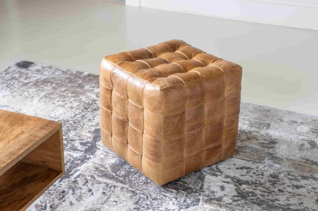 vintage Framed Cubed Stool Brown 3L Cerato Brown Leather