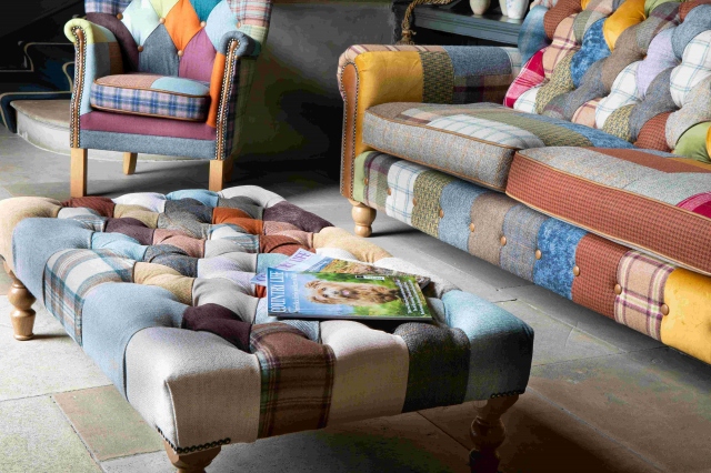 vintage Patchwork Banquette Footstool with Medium Oak Chunky Legs - 120 x 70cm