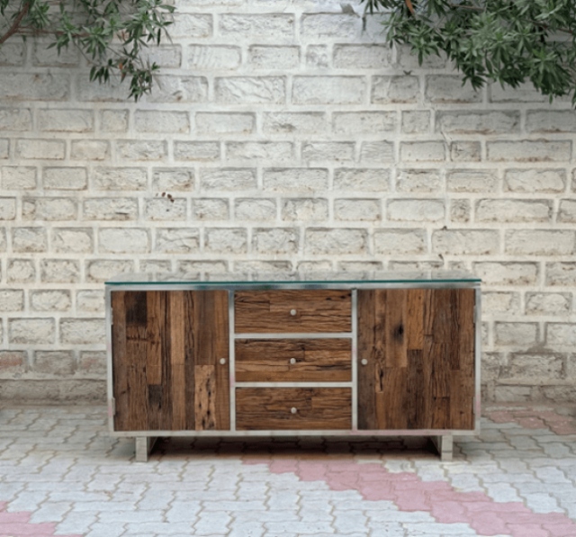 Carlton Wooden Glass Sideboard with Metal Legs
